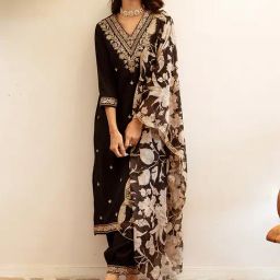 Indo Era Black Embroidered Kurta Salwar Set With Dupatta-picture-37