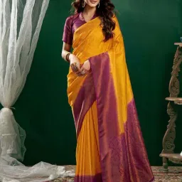 Satrani Yellow & Purple Woven Saree With Unstitched Blouse-picture-31