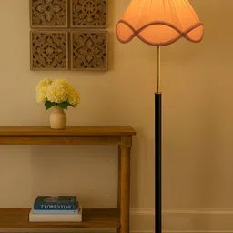 Devansh Off-White & Black Vintage Pleated Cotton Shade With Wooden Base Floor Lamp image 3