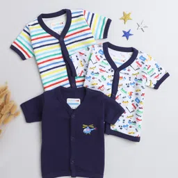 BUMZEE Pack Of 3 Half Sleeves Cars Printed & Striped Jhablas - Navy Blue & Multi Colour-image-2