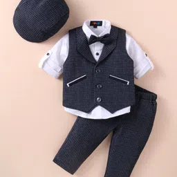 Robo Fry Lycra Knit Full Sleeves Solid Colour Textured 3 Piece Party Suit With Hat & Bow - Navy Blue-picture-24