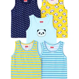 Babyhug 100% Cotton Knit Sleeveless Sando with Stripes Panda & Star Print Pack of 5 - Blue Green & Yellow-picture-18