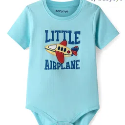 Babyoye 100% Cotton Knit Half Sleeves Eco Jiva Finish Onesie with Airplane Patch & Text Print - Light Blue-picture-35