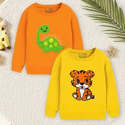 Trampoline Terry Knit Pack Of 2 Full Sleeves Dinosaur & Tiger Patch Embroidered Tees - Yellow & Orange-picture-37