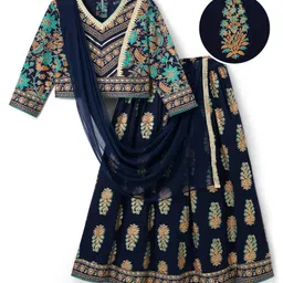 EARTHY TOUCH Single Jersey Knit Full Sleeves Lehenga Choli Set With Foil Floral Print & Dupatta - Navy Blue-picture-17