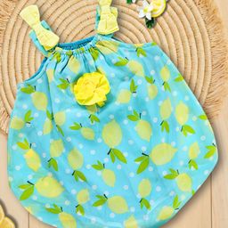 Creative Kids Georgette Woven Sleeveless Lemons Printed Bow Applique Detailed Onesie - Green & Yellow-picture-22