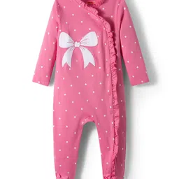 Babyhug Cotton Knit Full Sleeves Footed Sleepsuit With Bow Embriodery & Polka Dot Print - Pink-picture-25