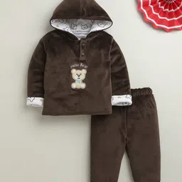 BUMZEE Cotton Blend Knit Full Sleeves Bear Embroidered Hooded Shirt & Pants Set - Brown-picture-10
