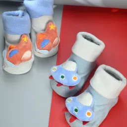 Yellow Bee Cotton Knit Pack Of 2 Aeroplane & Spaceship 3D Applique Detailed Socks - Multi Colour-picture-19