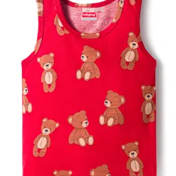Babyhug 100% Cotton Knit Sleeveless Sando & Shorts Set with Bear Print - Red & Navy Blue image 2