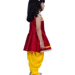 Twisha Jacquard Woven Sleeveless Ethnic Motifs Printed Gota Lace & Mirror Work Embellished Kurti With Dhoti Set - Maroon & Yellow image 4