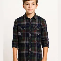 Cavio Boys Green Chequered Cotton Comfort Fit Shirt image 1