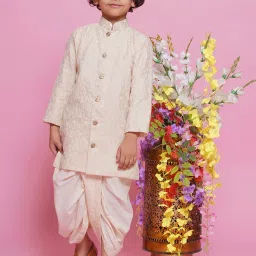 Little Bansi Kids Cream Embroidered Full Sleeves Sherwani with Dhoti image 1