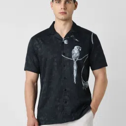 Van Heusen Black Cotton Slim Fit Printed Shirt image 1
