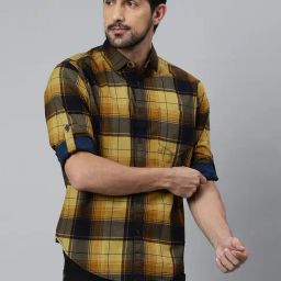 Dennis Lingo Mustard & Navy Cotton Slim Fit Checks Shirt-picture-19