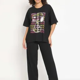 Clovia Black Cotton Printed Top & Pyjama Set image 1