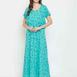 Clovia Turquoise Floral Print Night Dress image 1