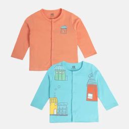 MINIKLUB Boys Peach & Blue Cotton Printed Full Sleeves Front Open Vest-picture-49