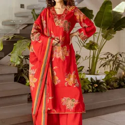 HERE&NOW Floral Printed V-Neck Mirror Work Straight Kurta With Palazzos & Dupatta-picture-38