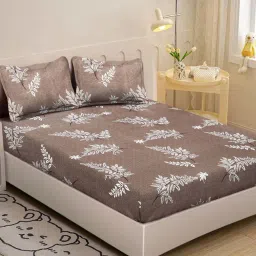 Klotthe Beige 300 TC Polycotton Single Elastic Bedsheet with 2 Pillow Covers image 1