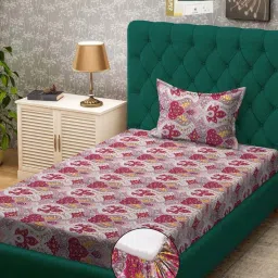 Klotthe Pink 300 TC Polycotton Single Elastic Book Fold Bedsheet with Pillow Cover image 1