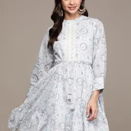 Ishin Grey Cotton Printed A-Line Dress image 1