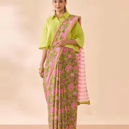 Taneira Light Green Cotton Floral Print Saree image 1
