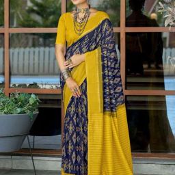 Satrani Navy Blue & Yellow Printed Saree With Unstitched Blouse-picture-10