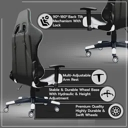 Rose Up High Back Gaming Chair with Lumbar Support and Adjustable Backrest, White and Black, RGC004 image 5
