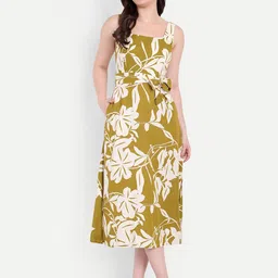 FairLeaf Women Floral Printed Belted Sleeveless Cotton Fit & Flare Midi Dress-image-63