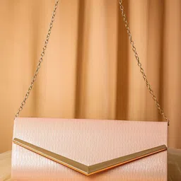 Rubans Blush Pink Shimmery Glossy Envelope Clutch with 24K Gold Tone Chevron Accent-picture-48