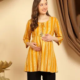 Zelena Three Fourth Sleeves Striped Pattern Floral Designed With Concealed Zipper Nursing Access Maternity Top - Yellow-picture-21