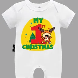 The Peppy Tend Christmas Theme Unisex Half Sleeves My 1st Christmas Text & ReindeerPrinted Romper- White-picture-42