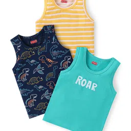 Babyhug 100% Cotton Sleeveless Striped Sandos with Dino Print Pack of 3 - Multicolour-image-10