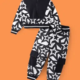 Ollington St. Cotton Knit Full Sleeves Front Zipper Sweatshirt & Cargo Joggers Set With Stars Print - Black & White-picture-27