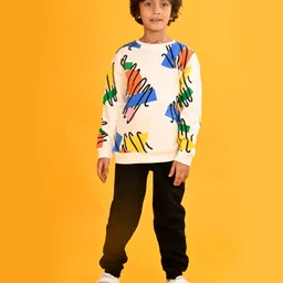 Anthrilo Fleeces Full Sleeves Shapes Printed Sweatshirt With Jogger - White & Black image 1