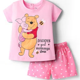 Babyhug Disney Single Jersey Knit Half Sleeves Shorts Night Suit With Winnie The Pooh Graphic - Pink-picture-37