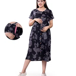 Mamma's Maternity Rayon Short Sleeves Floral Printed Maternity Dress With Nursing Access - Black-picture-22