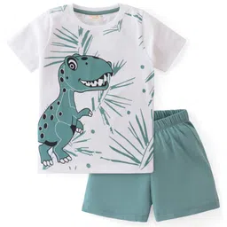 BLUSHES Cotton Knit Half Sleeves Dinosaur Printed Night Suit Set - White & Olive Green-picture-28