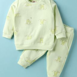 Zero Fleece Knit Full Sleeves Bear Printed Winter Co-Ord Night Suit - Light Green-picture-35