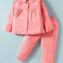 Evimo Single Jersey Knit Full Sleeves Co-Ord Night Suit with Peter Pan Collar & Bird Print - Coral-picture-38
