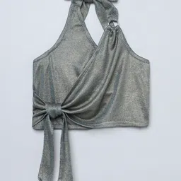 Taffykids Knit Sleeveless Shimmer Detailed Halter Neck Crop Top - Teal & Gold-picture-29