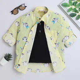BAATCHEET Cotton Full Sleeves Penguin Playing Guitar Printed Shirt Attached Tee - Yellow-picture-13