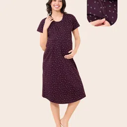Quira Woven Half Sleeves Abstract Printed Maternity Nighty With Concealed Side Zipper Nursing Access - Wine-picture-37