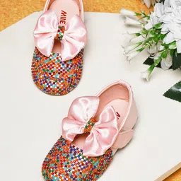 Mine Sole Rhinestones Embellished & Bow Applique Detailed With Velcro Closure Mary Jane Ballerinas - Multi Colour-picture-18