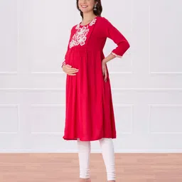 Bella Mama Viscose Woven Three Fourth Sleeves Maternity Kurta With Embroidered Yoke - Red image 4