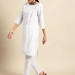 Anouk Women White Ethnic Motifs Schiffli Embroidered Kurta with Trousers & With Dupatta image 5