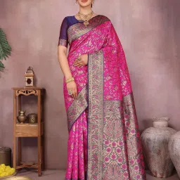 Varanga Pink Silk Blend Zari Saree With Unstitched Blouse image 1