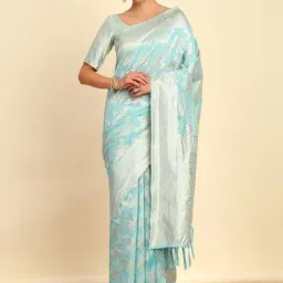 Soch Womens Turquoise Blue Floral Woven Design Jacquard Weave Tussar Saree-image-0