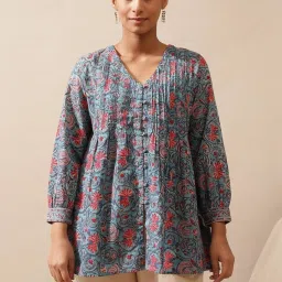 Folksong by W Blue Cotton Printed Top image 1